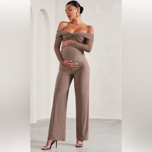 Club L London Kyla Mocha Ruched Bardot Long-Sleeved Wide Leg Maternity Jumpsuit